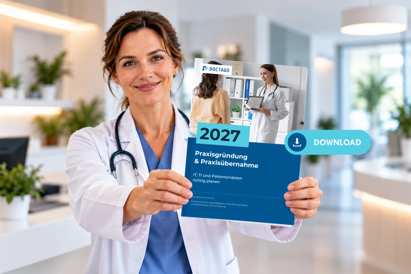 Eine junge Ärztin hält die Checkliste für Praxisgründung oder Praxisübernahme 2027 in den Händen