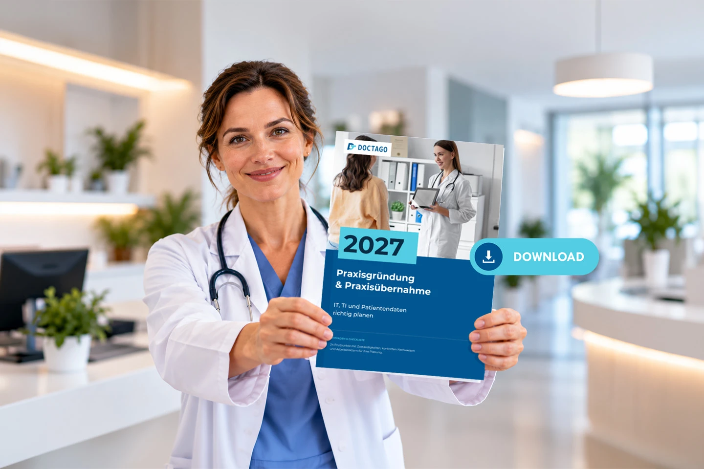 Eine junge Ärztin hält die Checkliste für Praxisgründung oder Praxisübernahme 2027 in den Händen